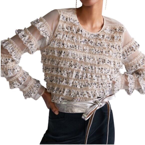 Anthropologie Tops - NWT ANTHROPOLOGIE TOP SHIRT XS RUFFLE NUDE TAN SILVER SEQUINS MESH COQUETTE